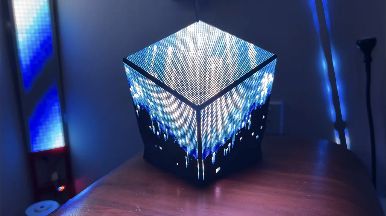 Prism-64 displaying blue falling-rain pixel animation